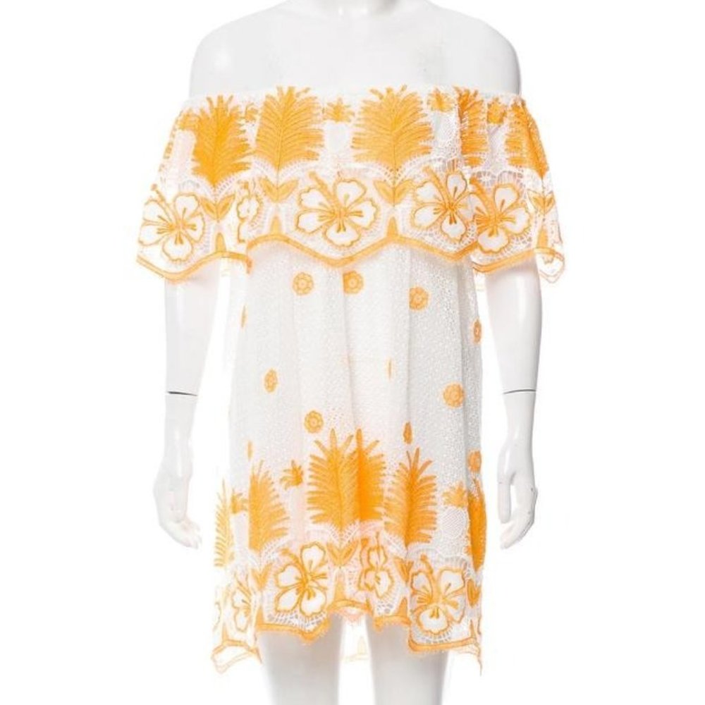 Miguelina Marigold/White Crochet Lace Ruffle Off-the-Shoulder Mini Dress, S